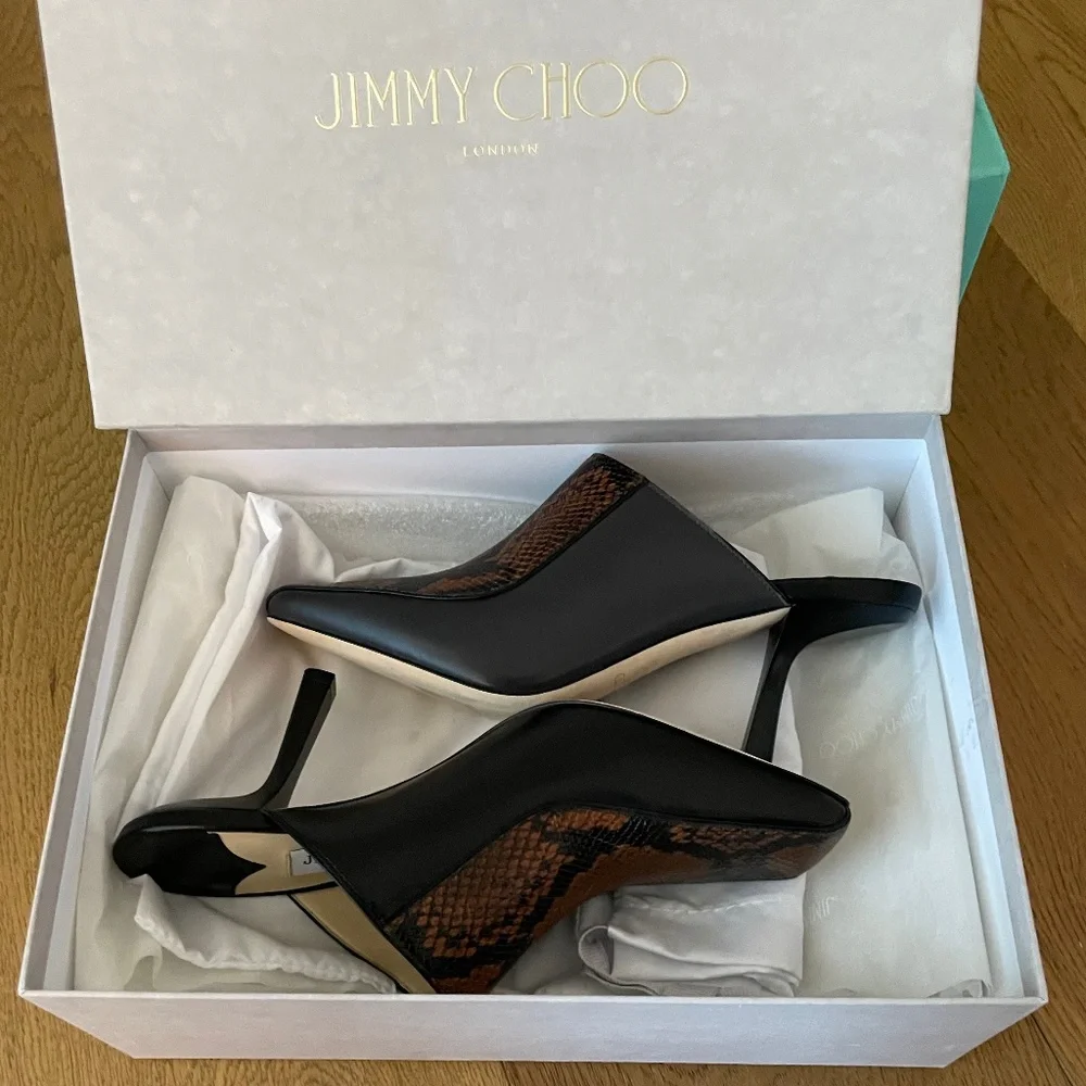 Jimmy Choo Marcel 85mm Snake Effect Leather Square-Toe Mules (Black Tan) - Picture 14 of 15